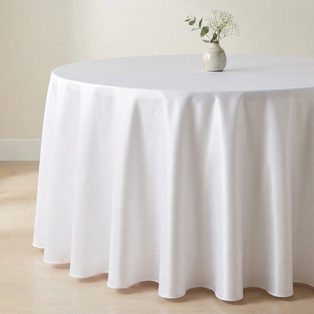 A round white tablecloth draped elegantly over a circular table, with a small vase of greenery placed on top, set against a neutral beige wall and light wood floor.