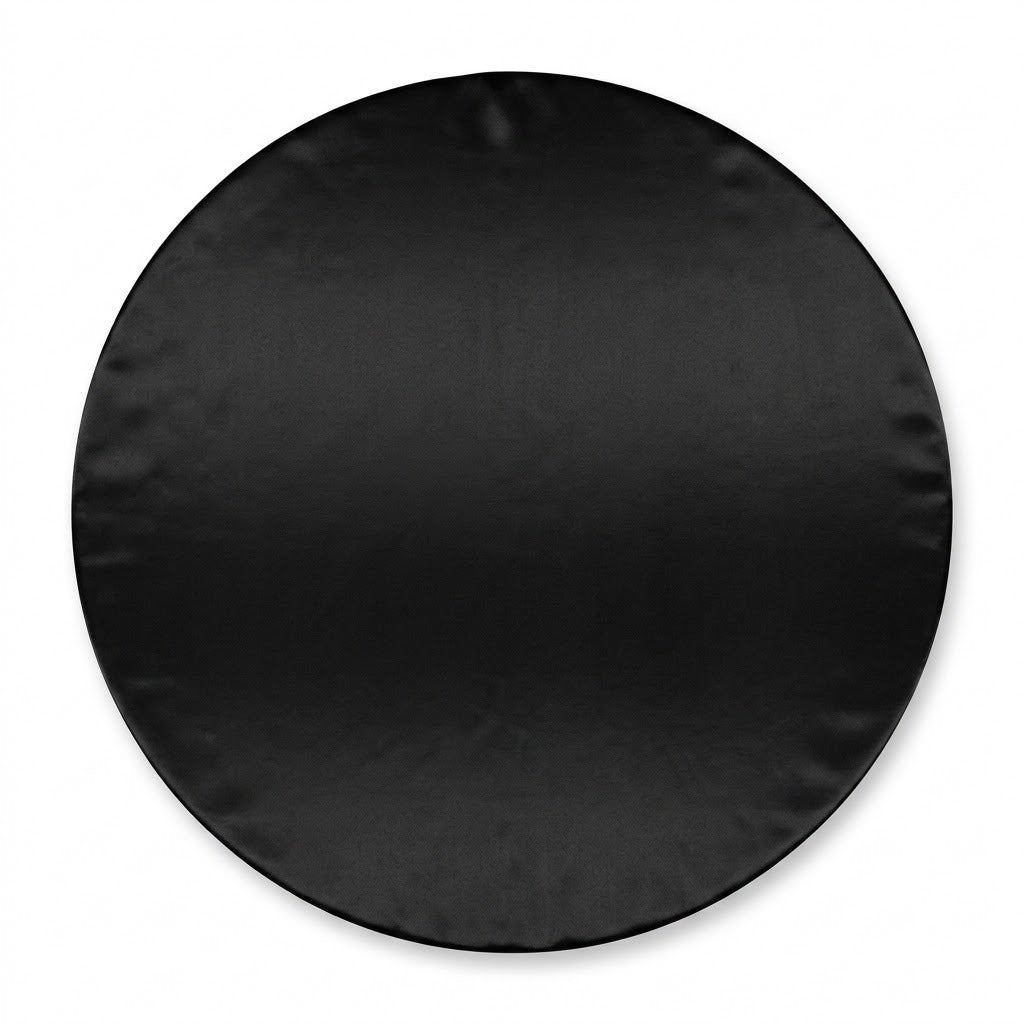 A round black tablecloth with a subtle satin sheen, shown flat against a solid white background.