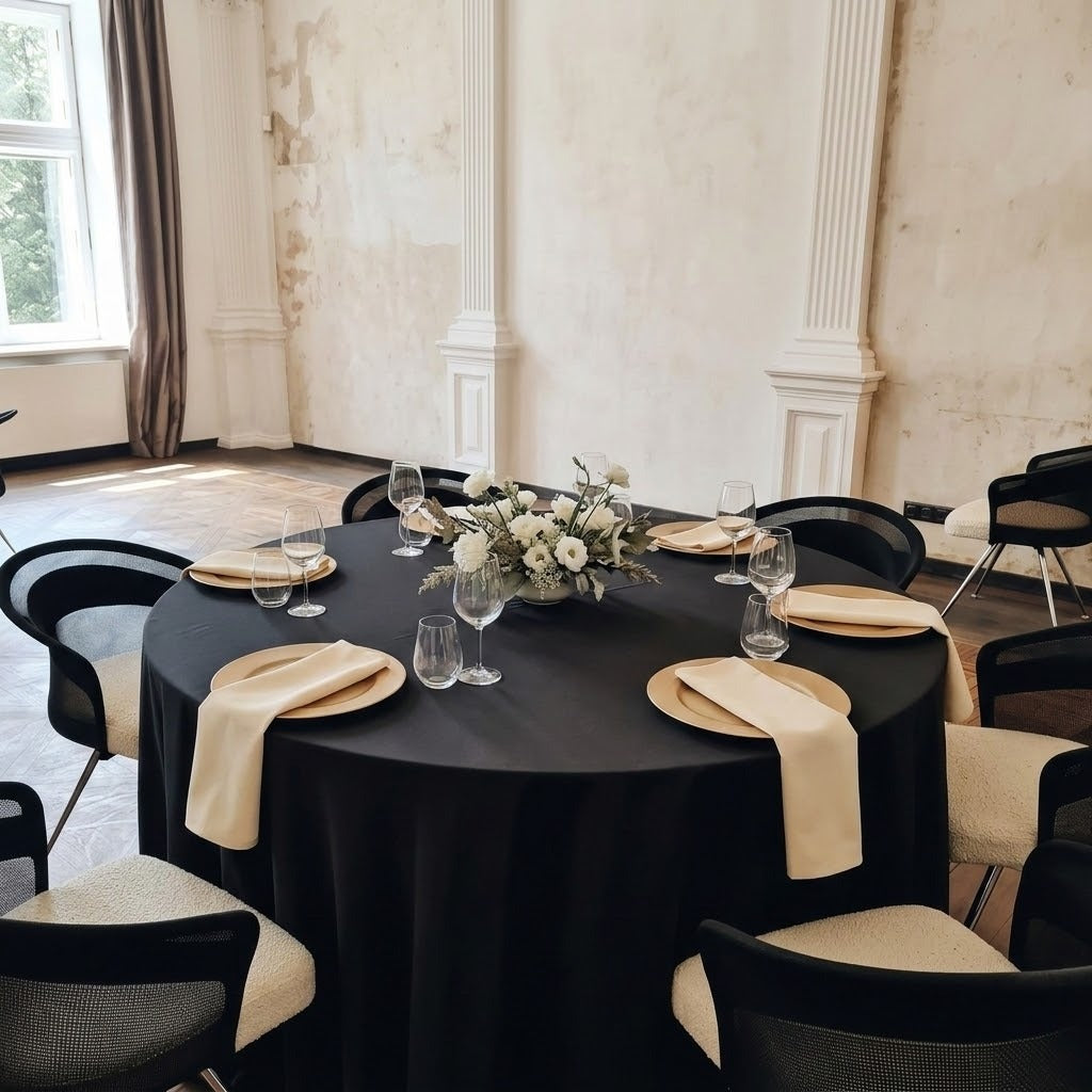 A round black tablecloth-set dining table in a rustic room, surrounded by black and cream chairs with beige napkins, plates, wine glasses, and a white floral centerpiece.