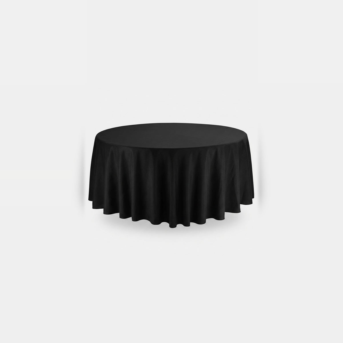 A round black tablecloth draped over a circular table, shown against a plain light gray background.