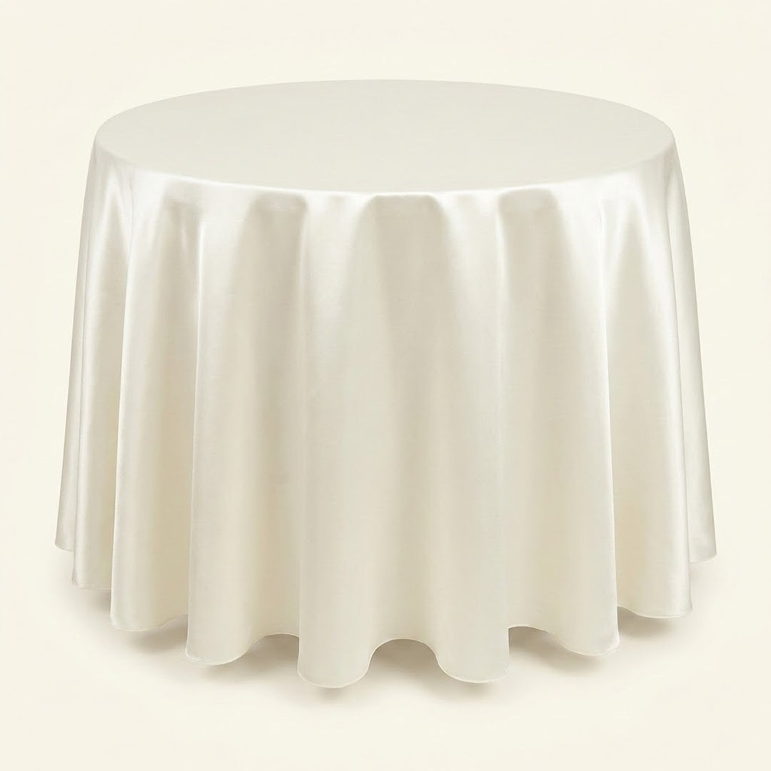 A round table covered with a smooth, draped ivory satin tablecloth, shown against a solid cream background.