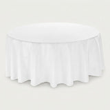 A white round tablecloth with a gathered, pleated skirt hem, shown on a light gray background.