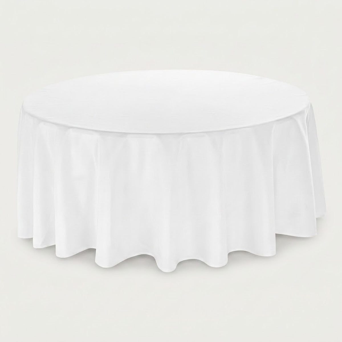 A white round tablecloth with a gathered, pleated skirt hem, shown on a light gray background.