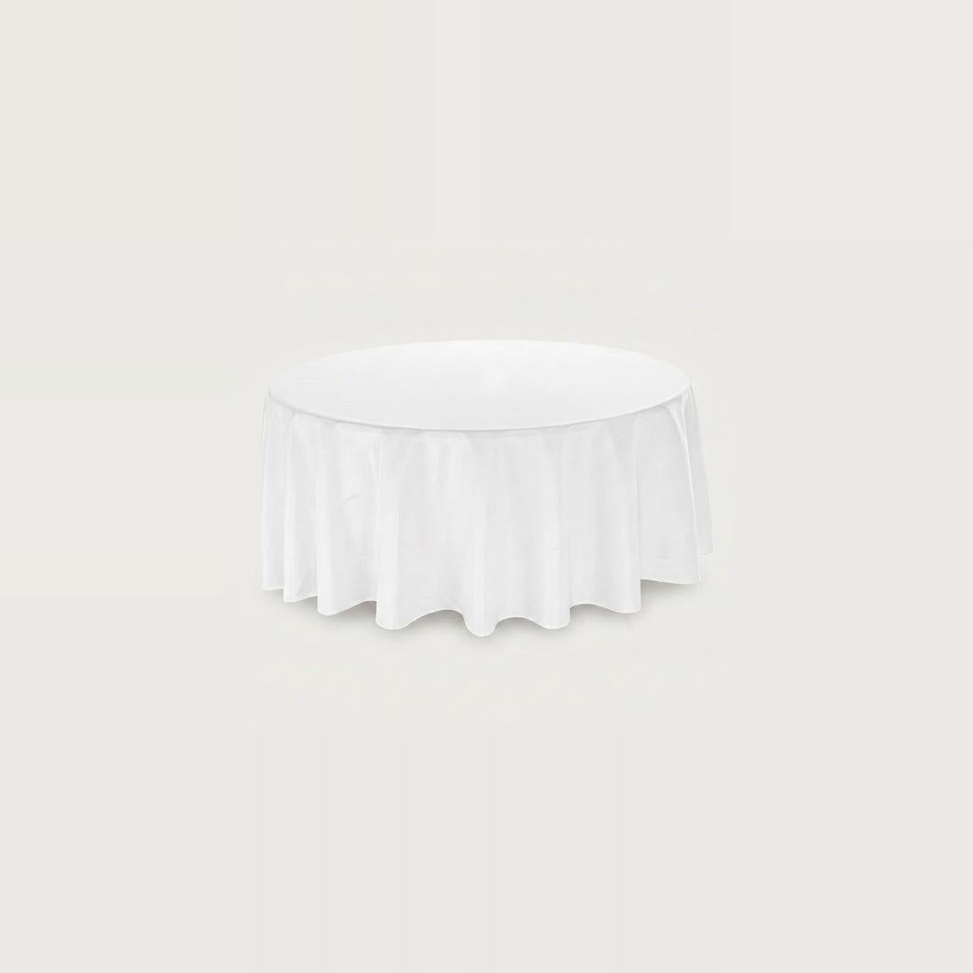 A white round tablecloth with a gathered skirt, shown centered against a solid light gray background.