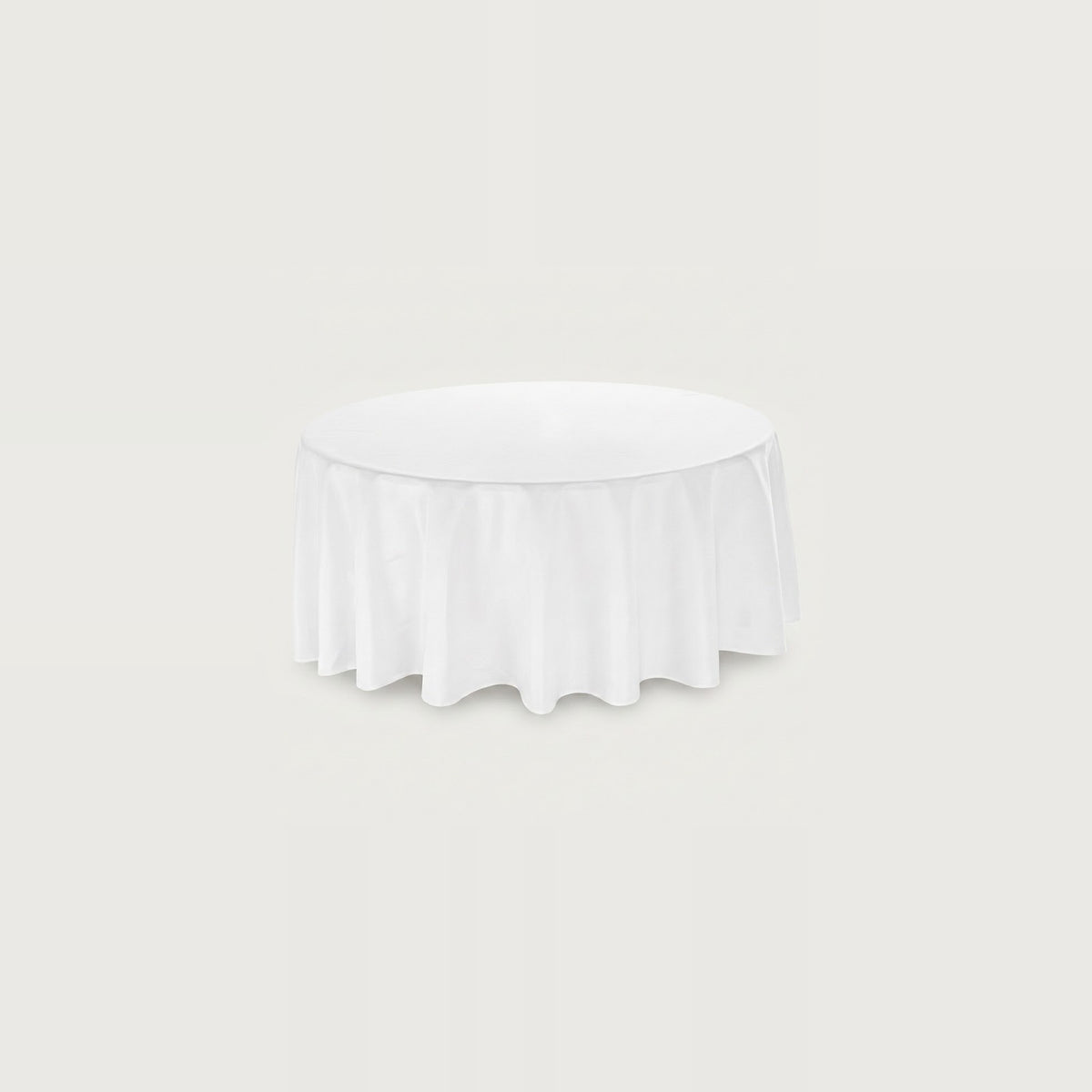 A white round tablecloth with a gathered skirt, shown centered against a solid light gray background.