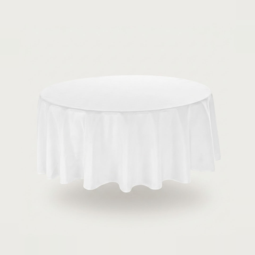 A white round tablecloth with a gathered, pleated skirt hem, shown floating against a solid light gray background.