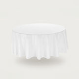 A white round tablecloth with a gathered, pleated skirt hem, shown floating against a solid light gray background.