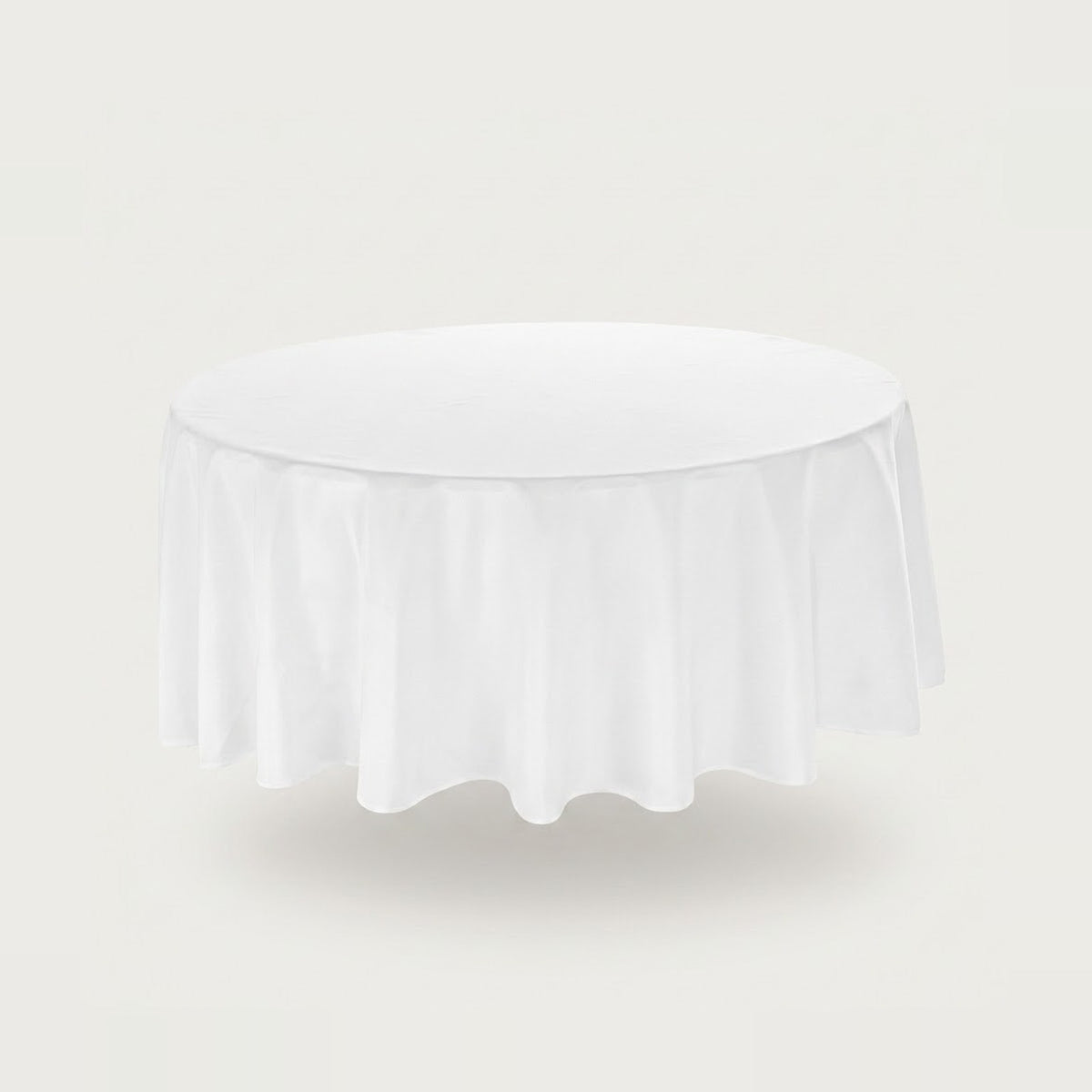 A white round tablecloth with a gathered, pleated skirt hem, shown floating against a solid light gray background.