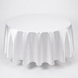 A round white tablecloth with a smooth satin-like sheen, draped over a circular table against a light gray studio background.
