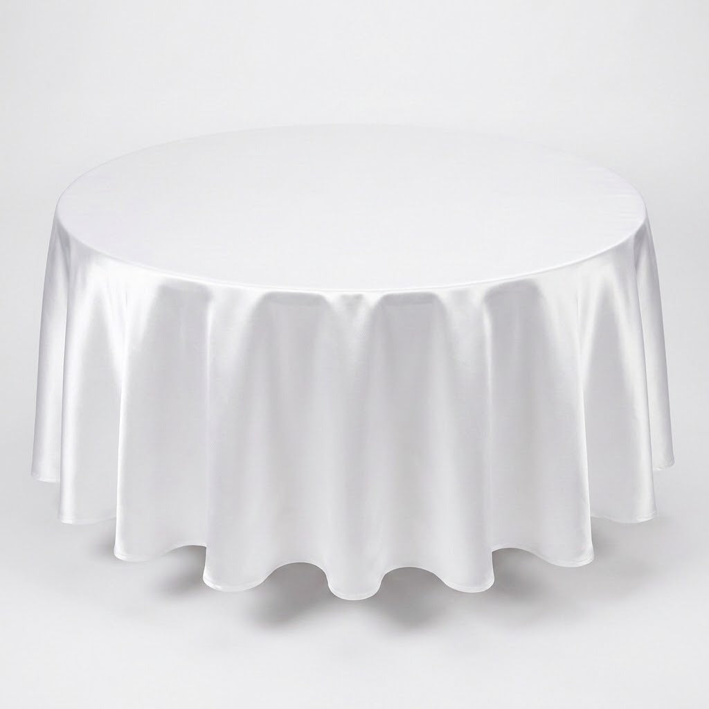 A round white tablecloth with a smooth satin-like sheen, draped over a circular table against a light gray studio background.