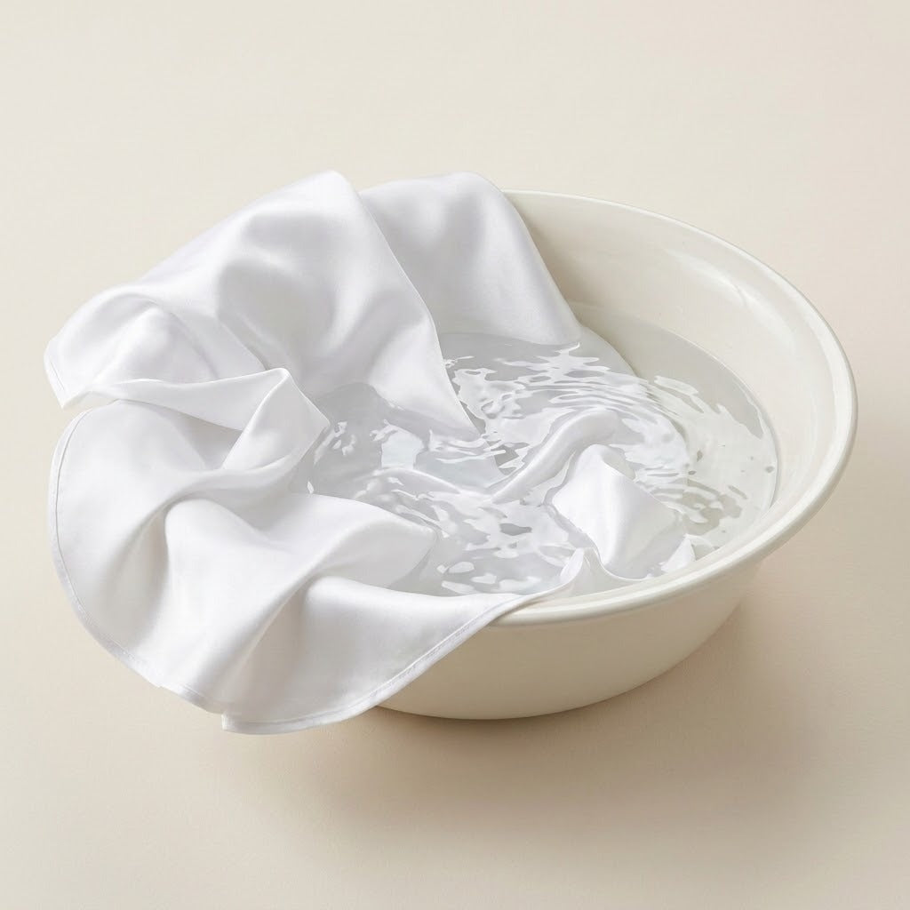A white satin or silk fabric cloth draped over a white ceramic bowl containing water, set against a solid light beige background.
