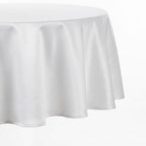 A white round tablecloth draped over a circular table, shown against a plain white background.