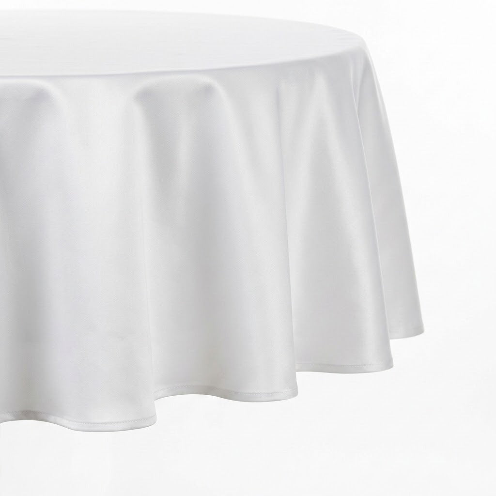 A white round tablecloth draped over a circular table, shown against a plain white background.