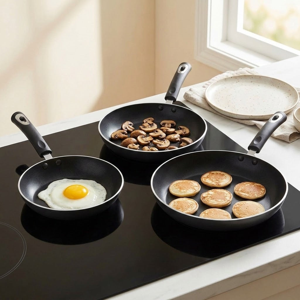 Three black nonstick frying pans with dark gray handles are arranged on a black glass stovetop in a bright kitchen. The pans contain a fried egg, sliced mushrooms, and small pancakes.