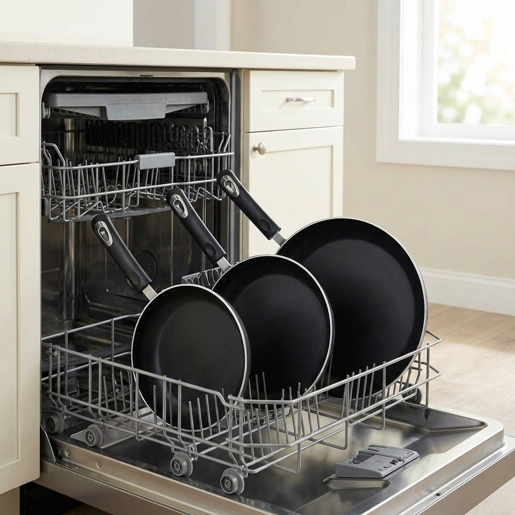A stainless steel dishwasher with its door open, holding a metal dish rack loaded with black frying pans and plates in a bright kitchen setting.