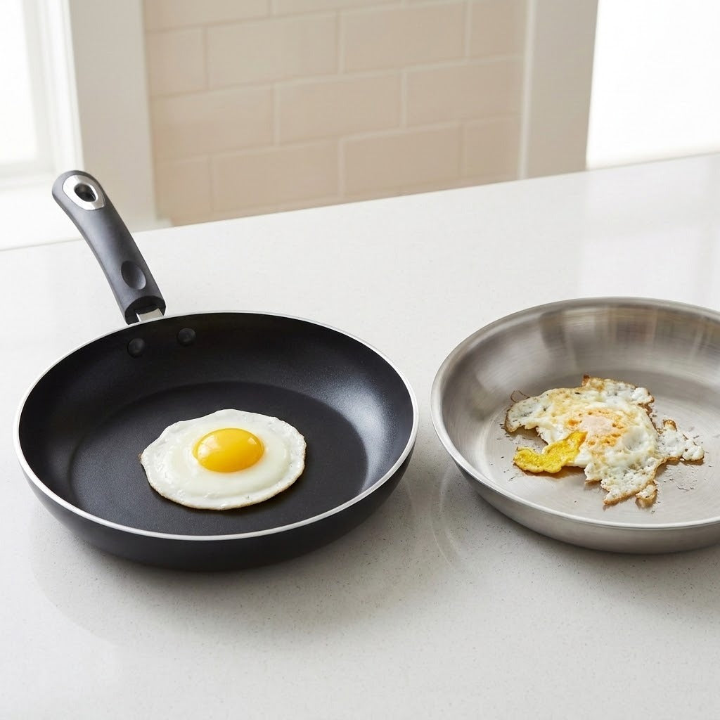 A black non-stick frying pan with a handle sits on a light countertop, cooking a sunny-side-up egg. A stainless steel pan is beside it with partially cooked egg pieces.