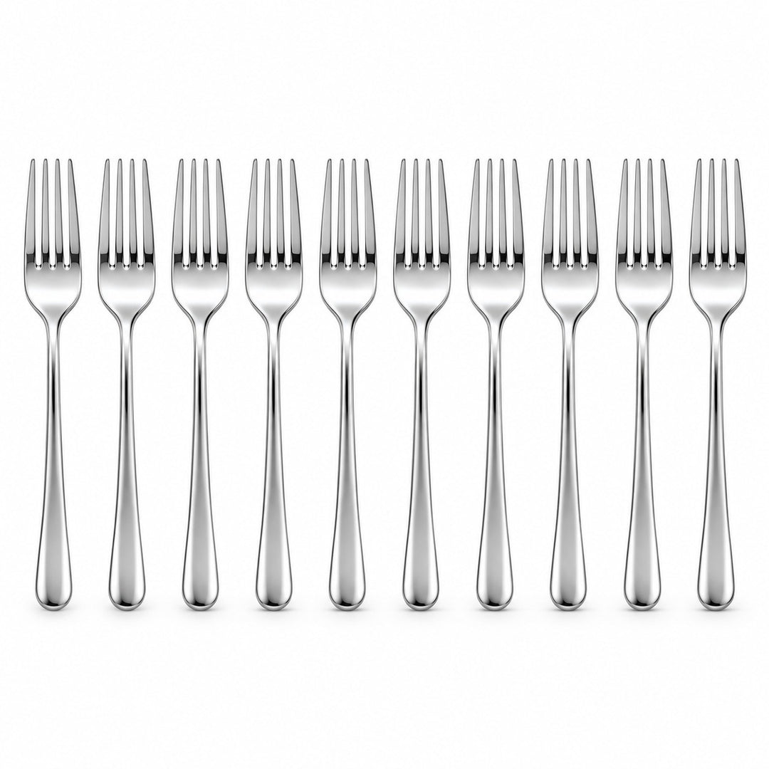 Ten silver disposable forks are lined up on white to show the complete pack.