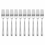Ten silver disposable forks are lined up on white to show the complete pack.