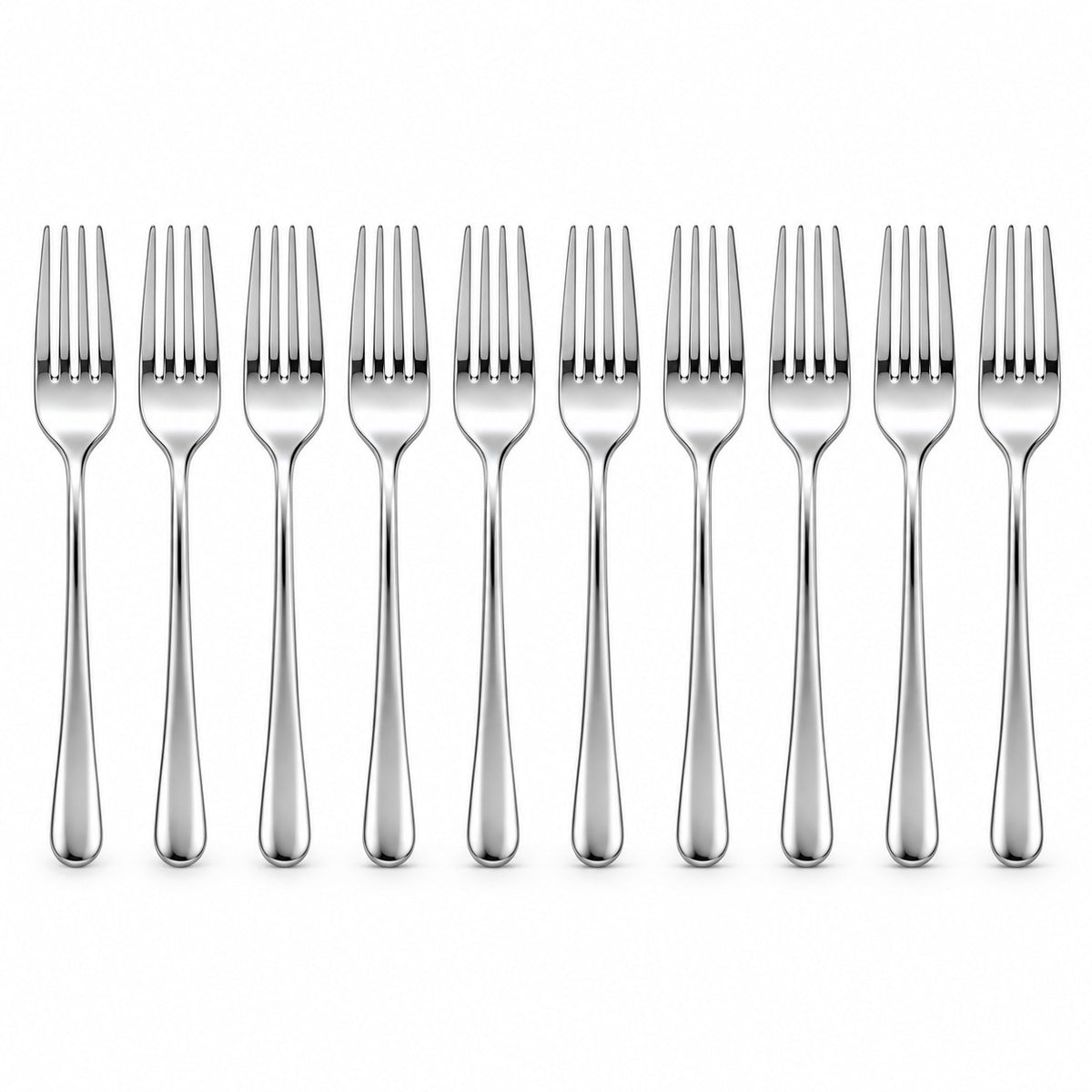 Ten silver disposable forks are lined up on white to show the complete pack.