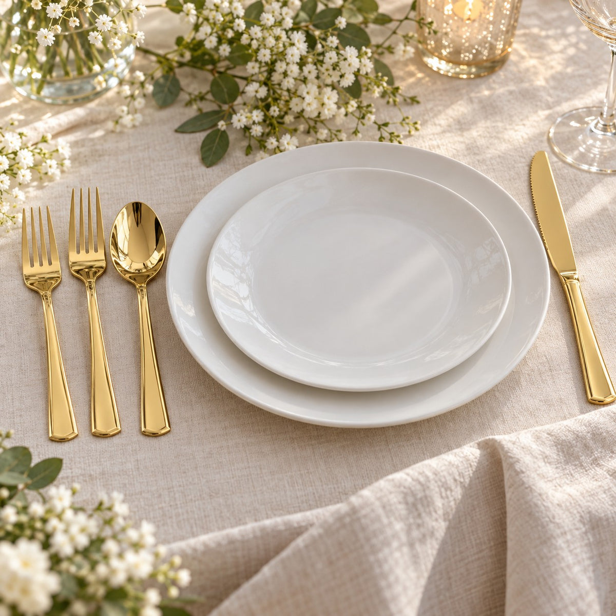 Gold disposable forks, spoons and knives dress a simple wedding place setting.