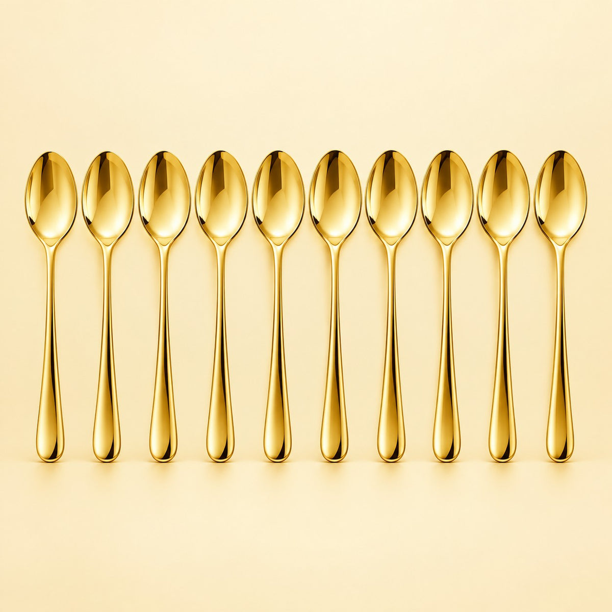 Ten gold disposable spoons stand in a row against a pale gold studio background.