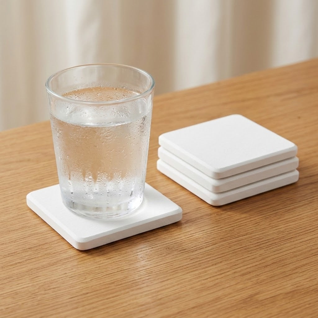 A set of four square white coasters on a light wood table, with one coaster holding a clear glass of water and three stacked coasters beside it.