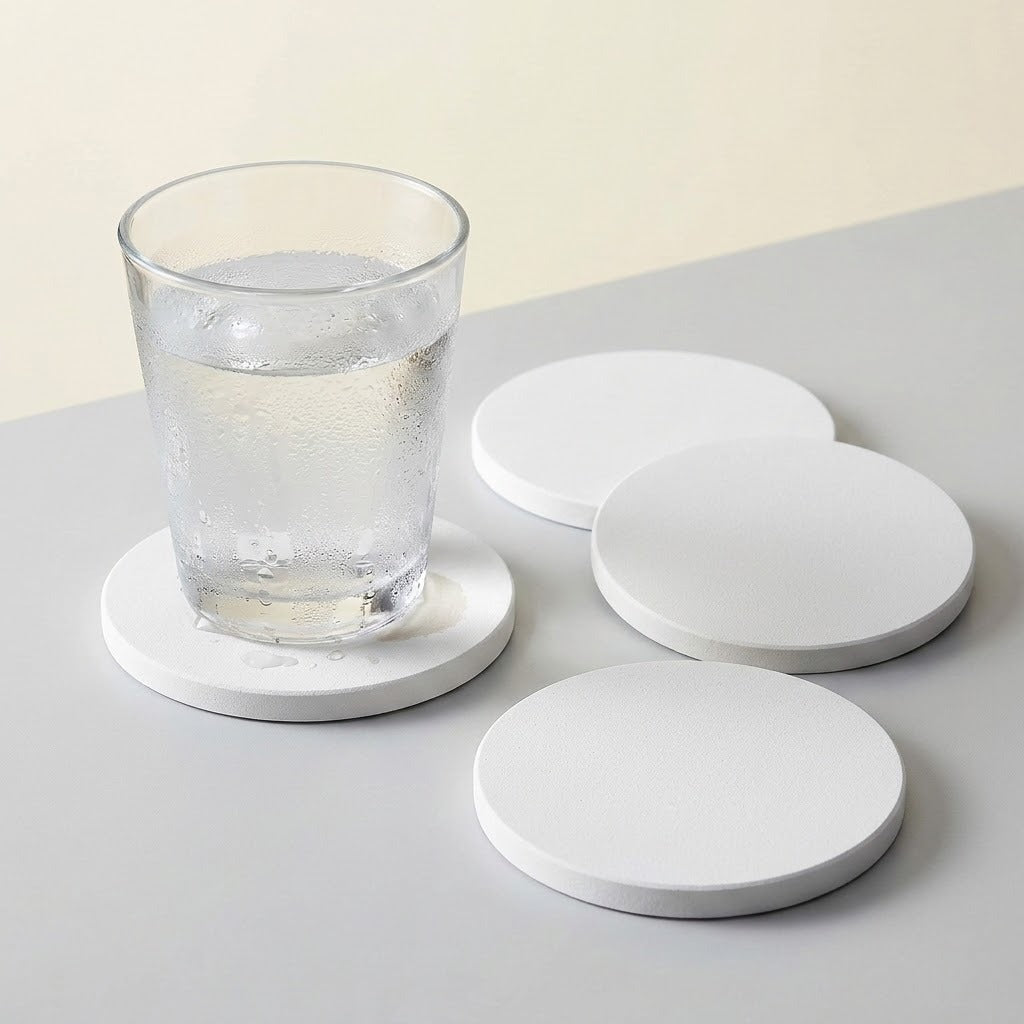 Four round white coasters on a light gray surface, with one coaster holding a clear glass of water.