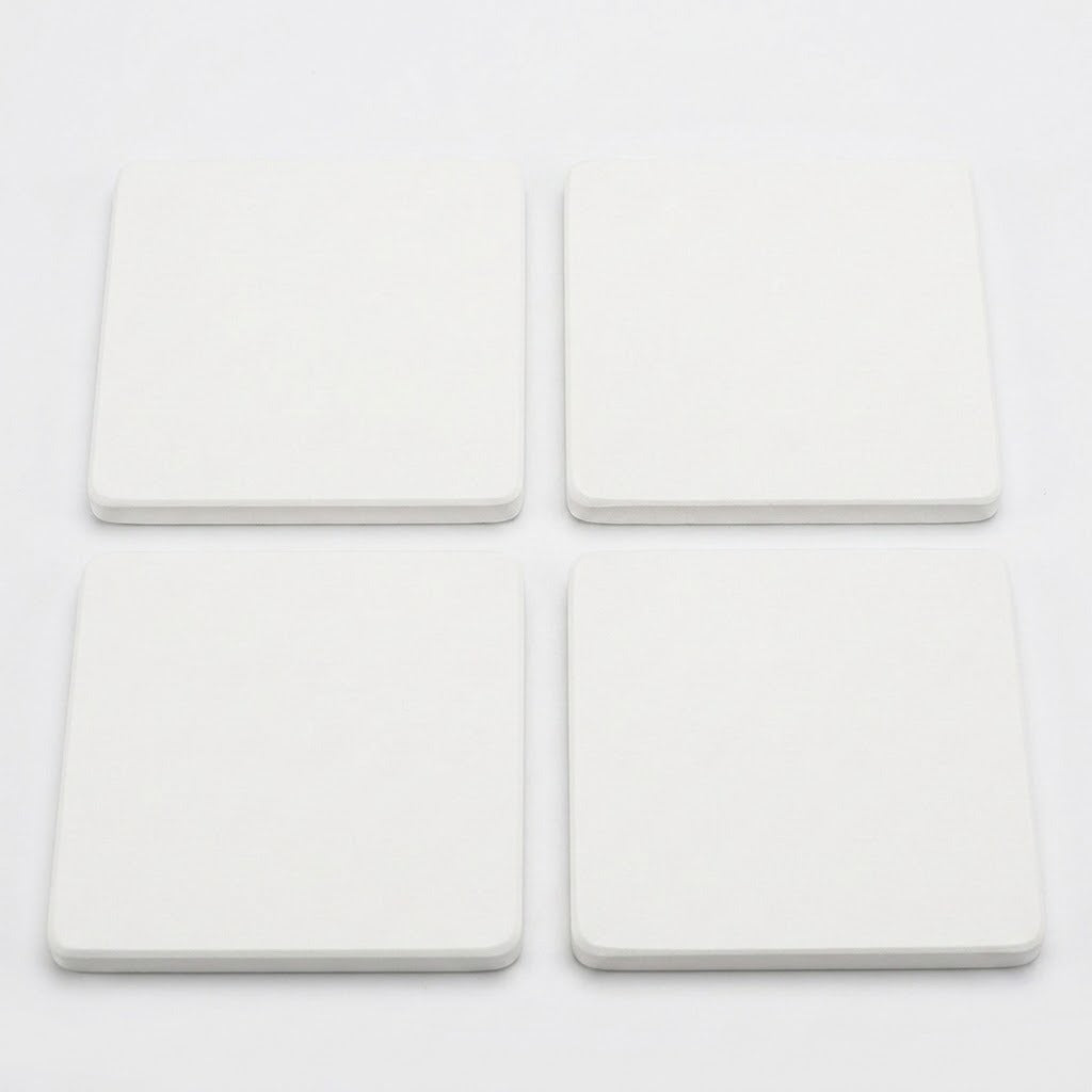Four square white coasters arranged in a 2x2 grid on a plain white background.