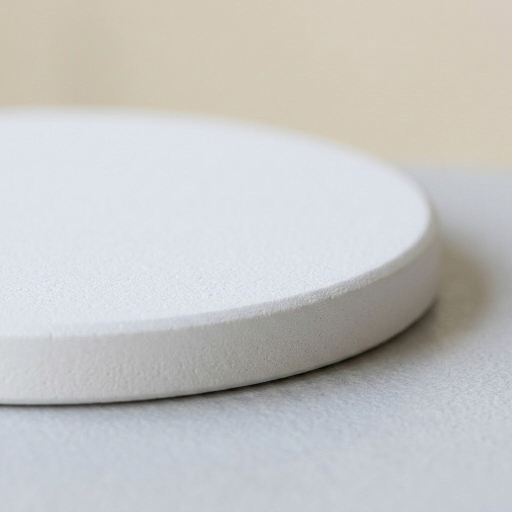 A close-up of a round, matte white coaster or trivet with a textured surface, resting on a matching light gray textured surface against a soft beige background.