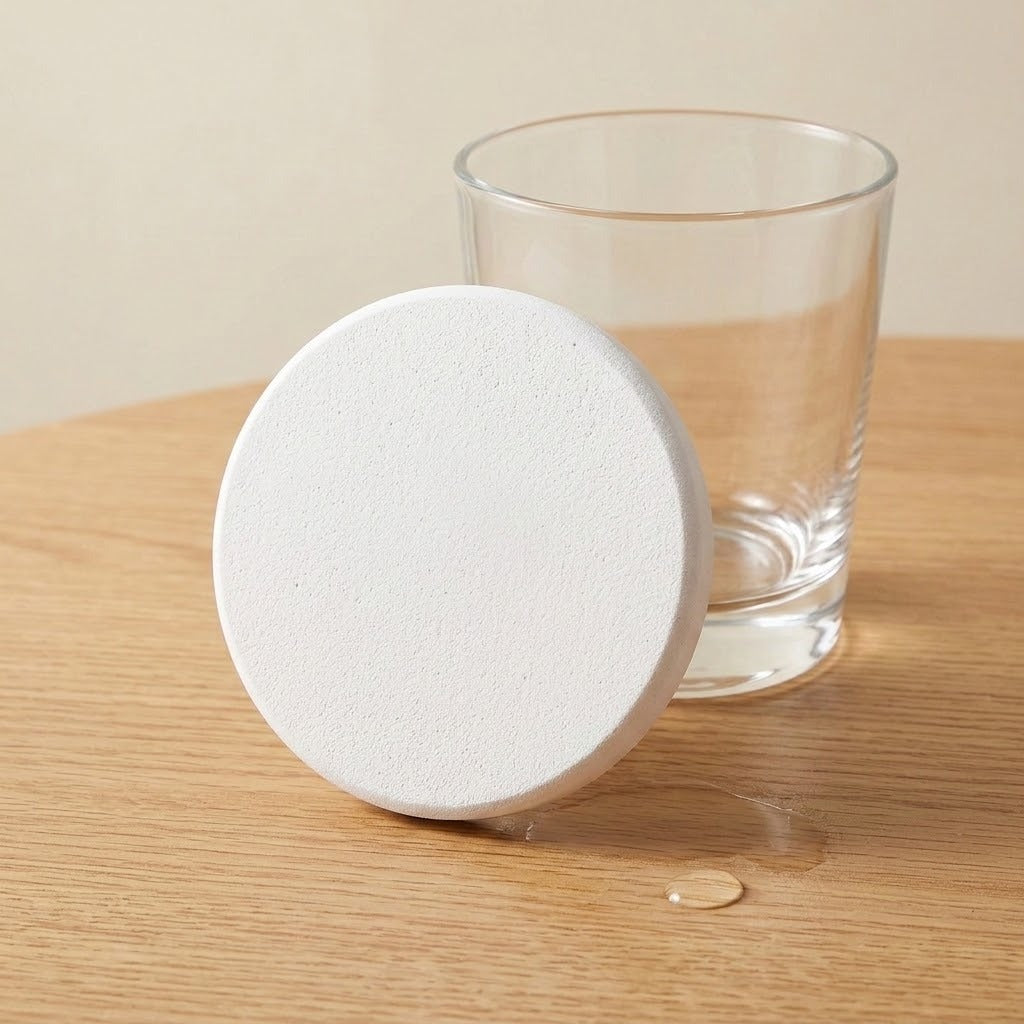 A round white coaster with a textured surface, shown next to a clear glass on a light wood tabletop.