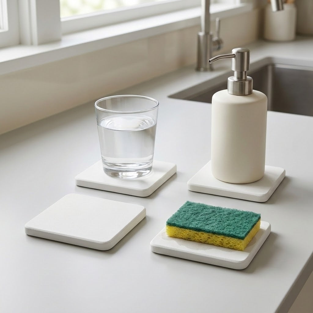 Four square white soap dish coasters arranged on a light countertop in a kitchen setting, including one holding a glass of water, one holding a cream-colored pump bottle with a silver dispenser, one empty, and one holding a green and yellow sponge.