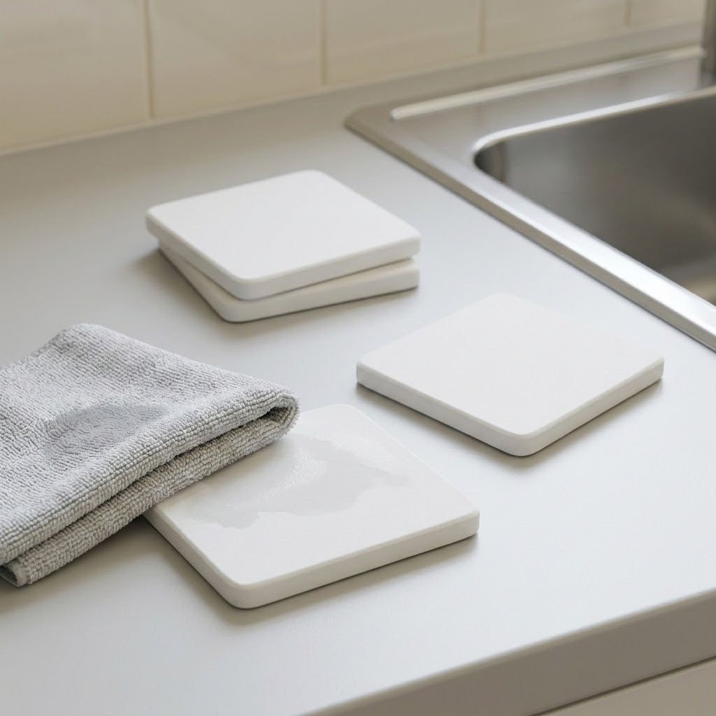 Four square white ceramic coasters arranged on a light countertop near a sink, with a folded gray towel resting on one coaster.