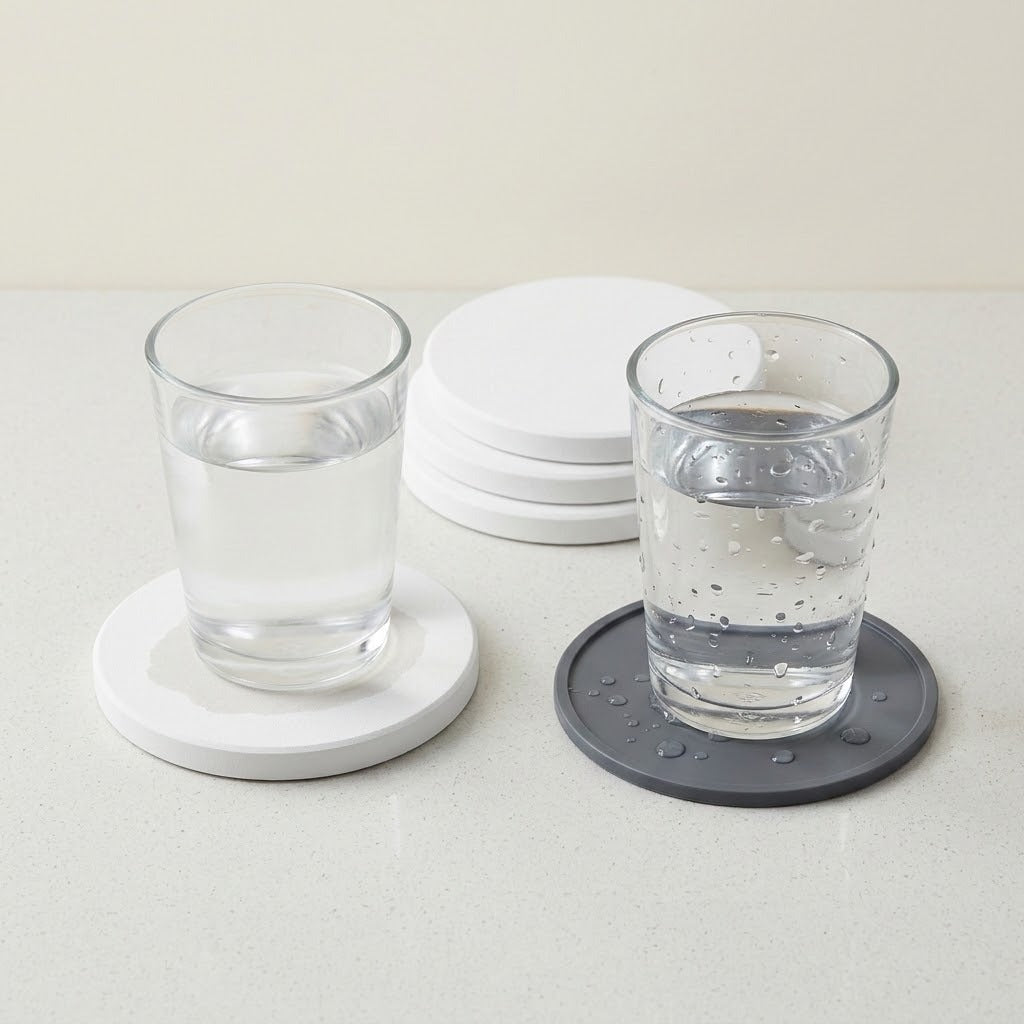 Two clear drinking glasses filled with water, one resting on a white round coaster and the other on a dark gray round coaster, with a stack of white coasters behind them on a light speckled surface.