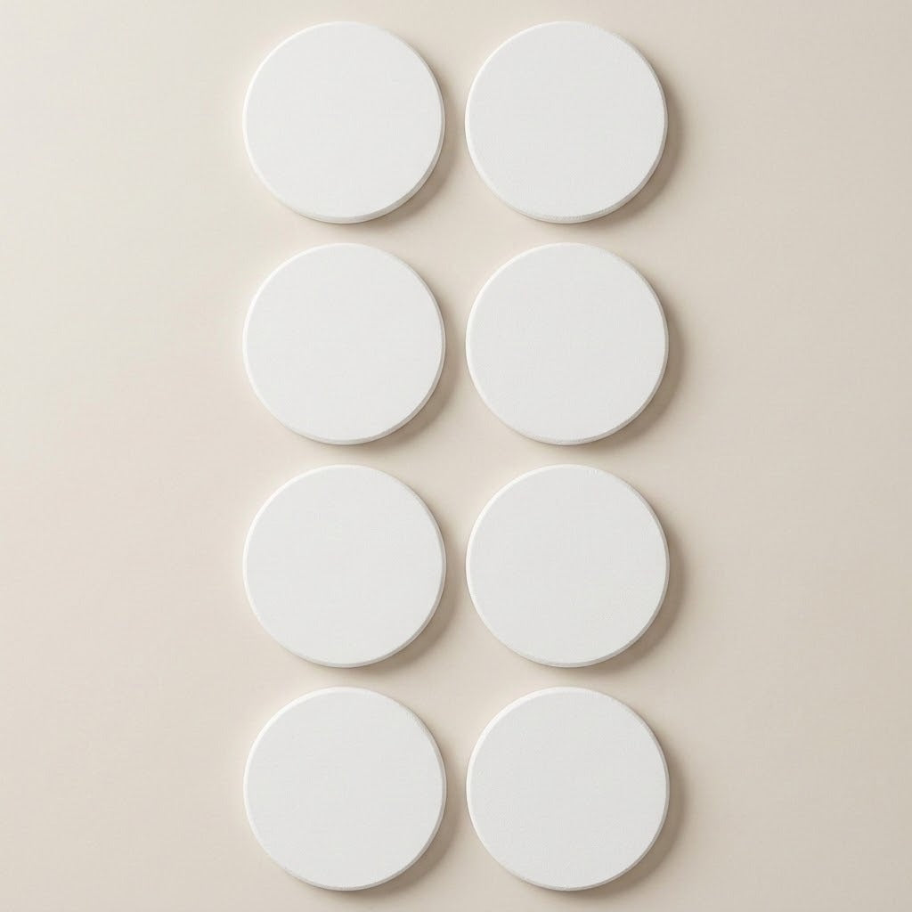 Six plain white circular discs arranged in two vertical columns on a light beige background.