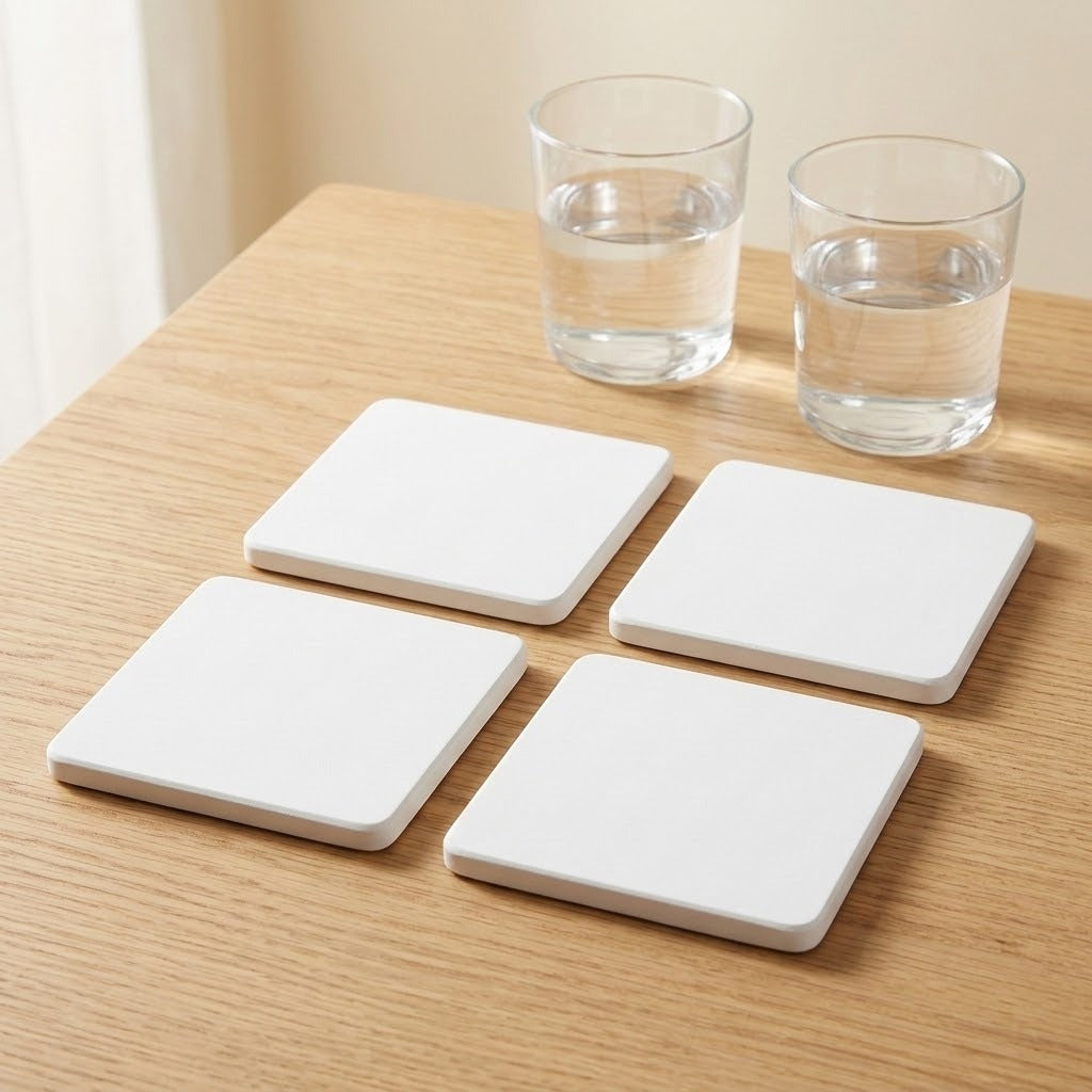 Four square white coasters arranged on a light wood table, with two clear drinking glasses in the background.