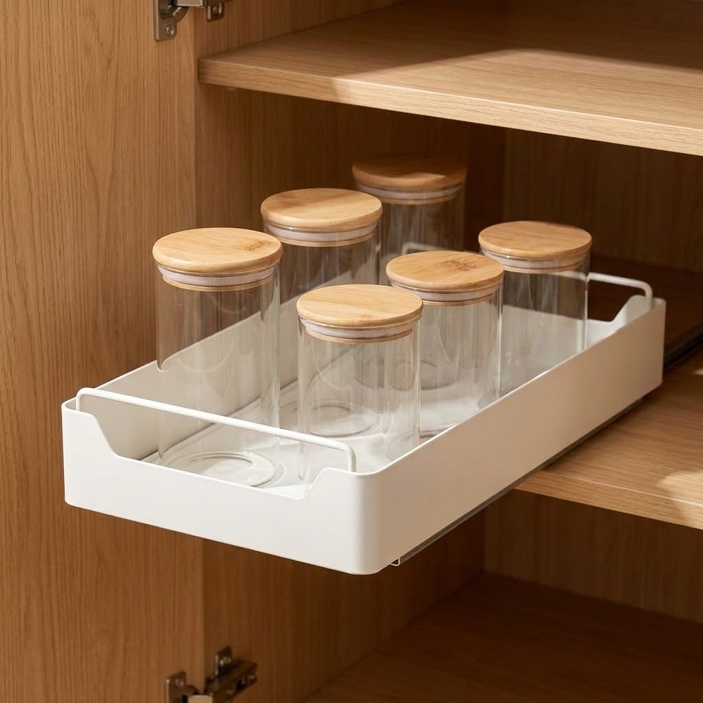 A white under-shelf pull-out organizer tray holding six clear glass jars with light wood lids, shown inside a wooden cabinet.