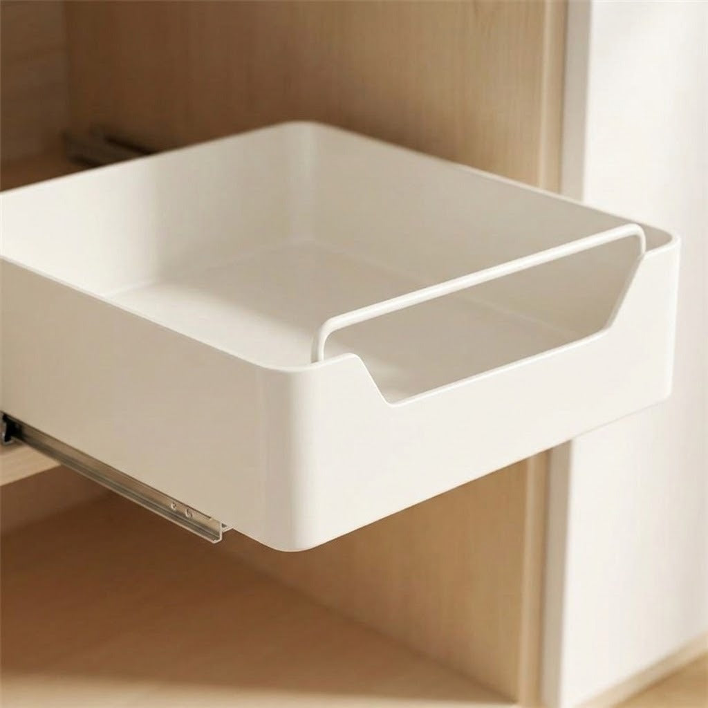 A white plastic drawer pull-out organizer tray shown partially extended inside a wooden cabinet.