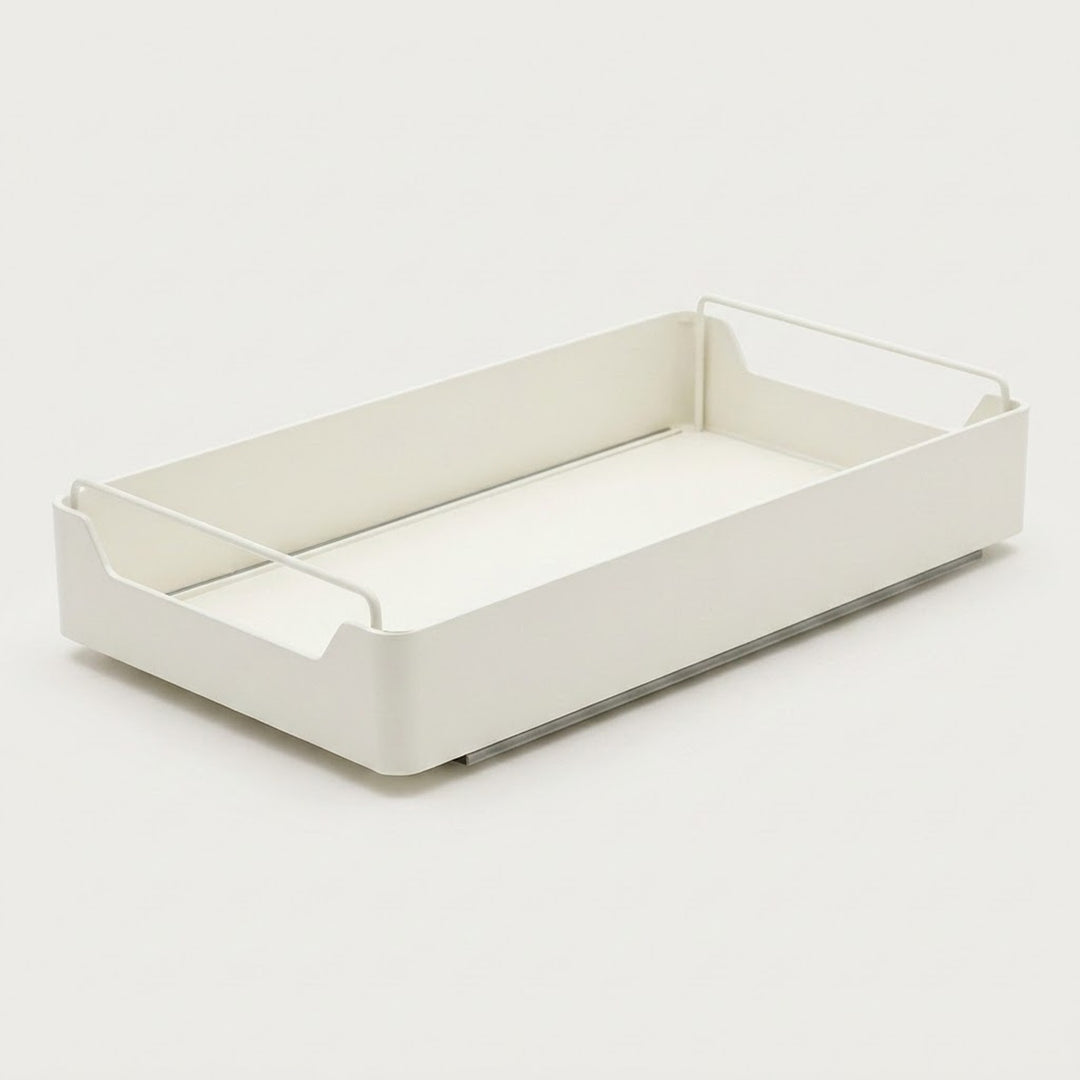 A minimalist white plastic organizer tray with integrated wire handles on the sides, shown on a seamless light gray background.