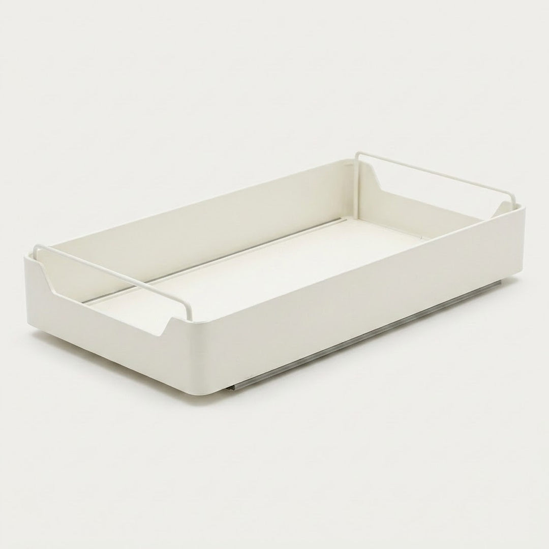 A minimalist white plastic tray with integrated wire handles on the sides, shown on a seamless light gray background.