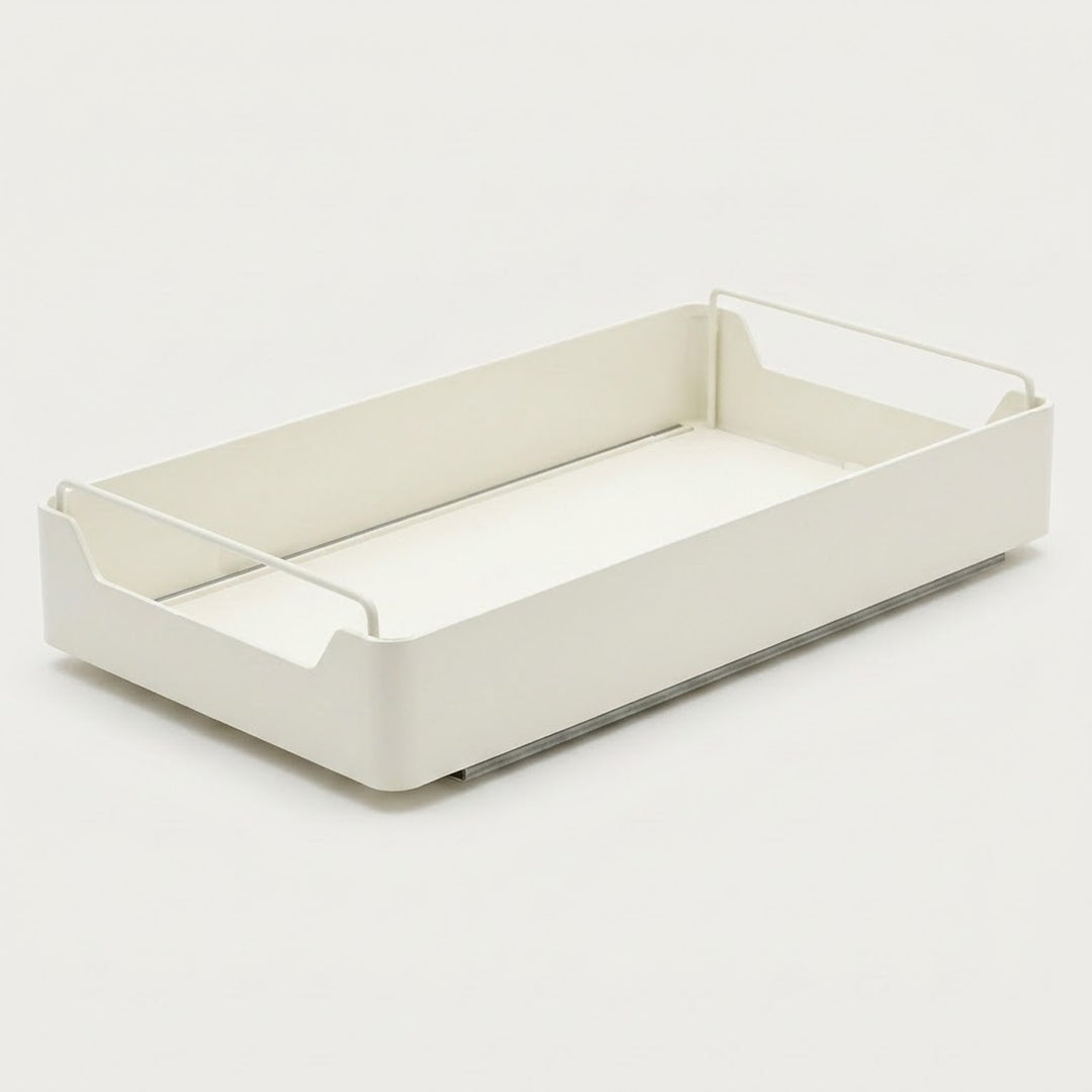 A minimalist white plastic storage tray with integrated wire handles on a clean, light off-white background.