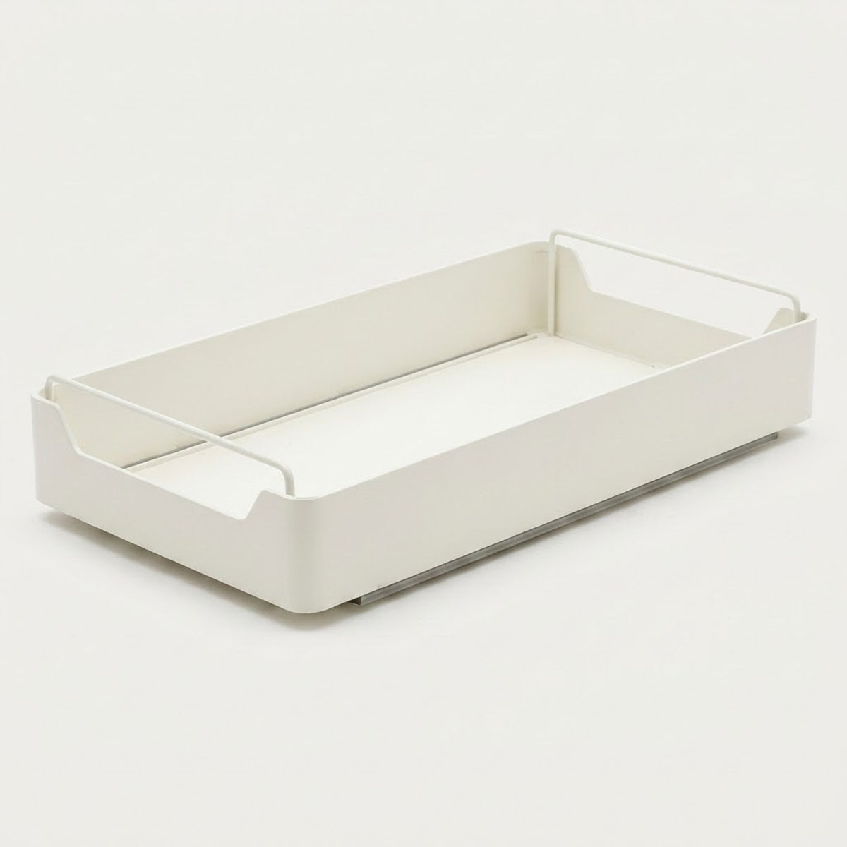 A minimalist white plastic storage tray with integrated wire handles on a clean, light off-white background.