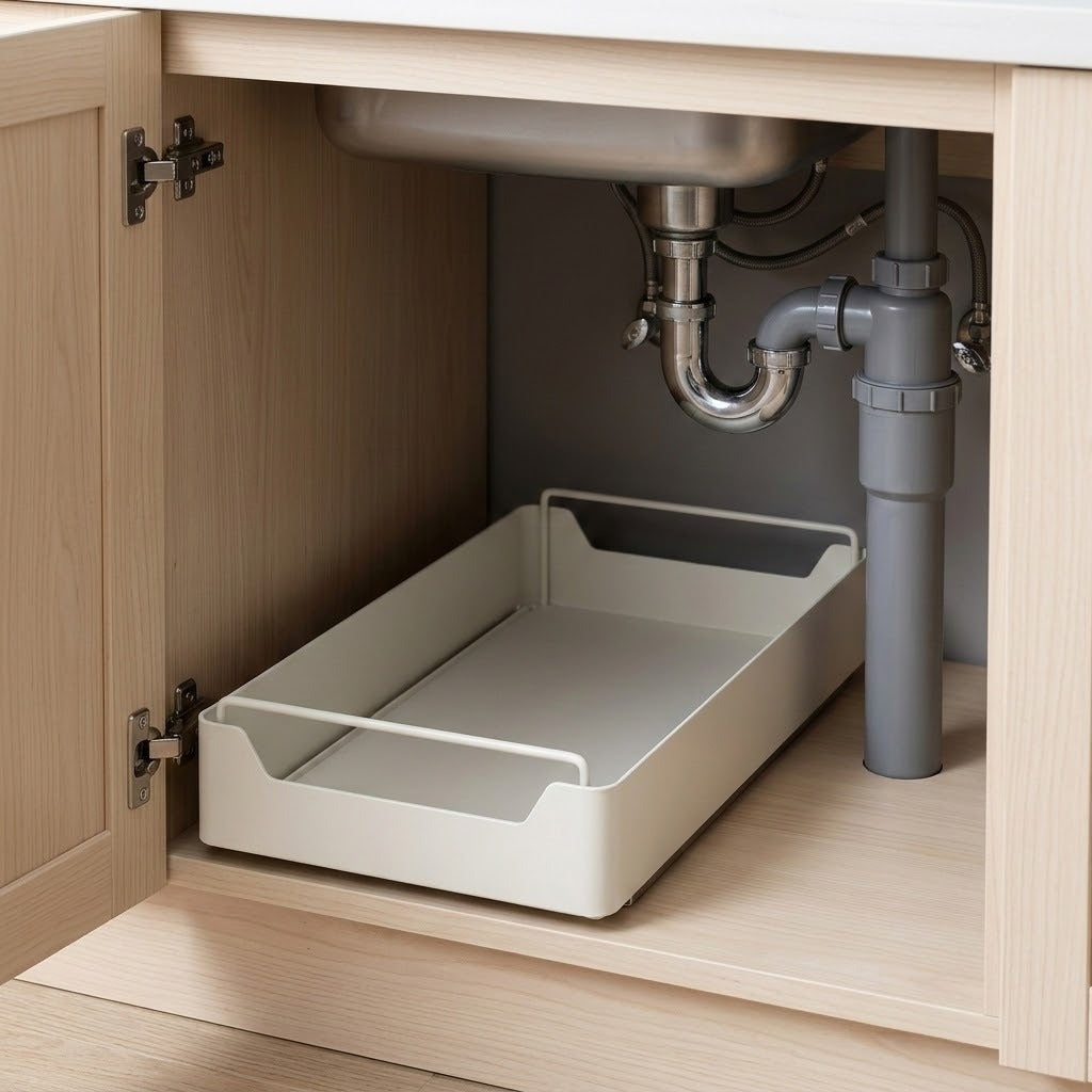 A light beige under-sink storage tray with integrated handles, shown inside an open wooden kitchen cabinet next to the sink pipes.