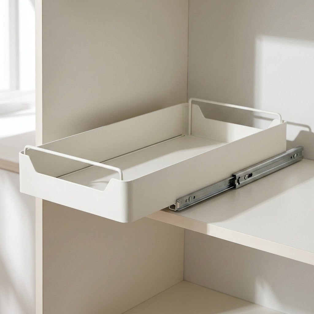 A white pull-out desk organizer tray mounted on a shelf with metal drawer slides, shown in a clean interior setting.