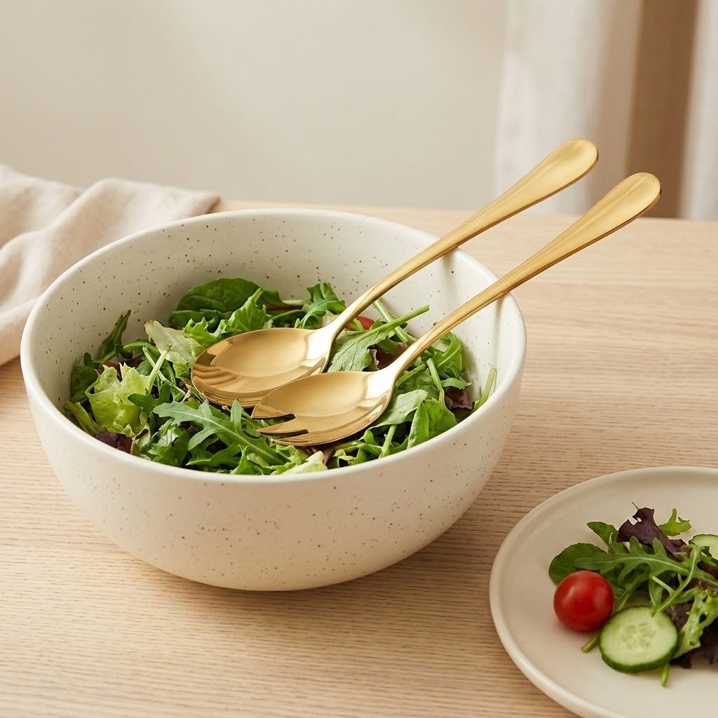 A speckled cream-colored ceramic salad bowl filled with green salad, with two gold-toned serving spoons resting inside. A small plate with salad and a cherry tomato sits on a light wood table in the foreground, with a soft neutral background.