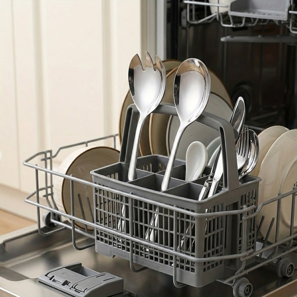 A gray plastic dishwasher utensil holder basket filled with stainless steel cutlery, shown inside a dishwasher with plates in the background.
