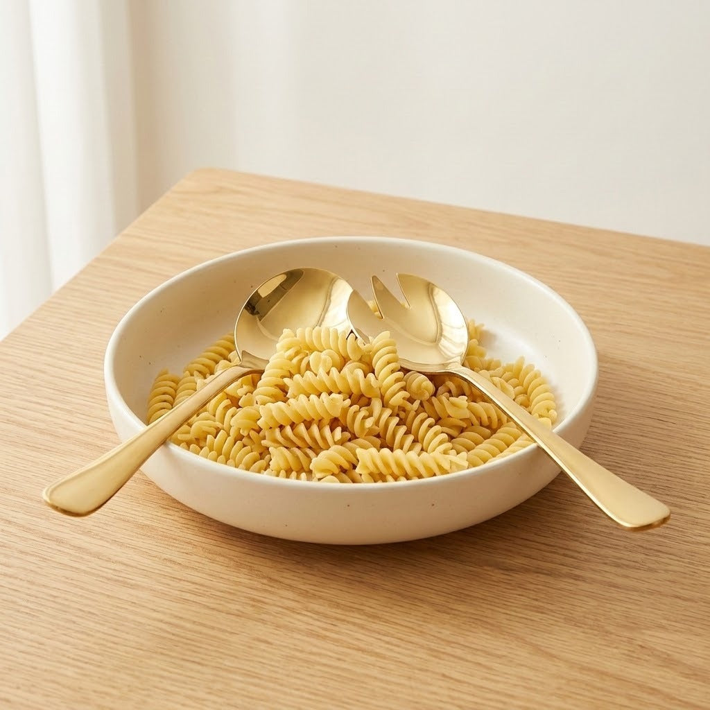 A white ceramic bowl filled with rotini pasta on a light wood table, with two gold-toned serving utensils resting inside the bowl.