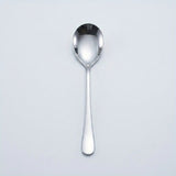 A polished stainless steel dessert spoon with a reflective finish, centered vertically against a light gray background.