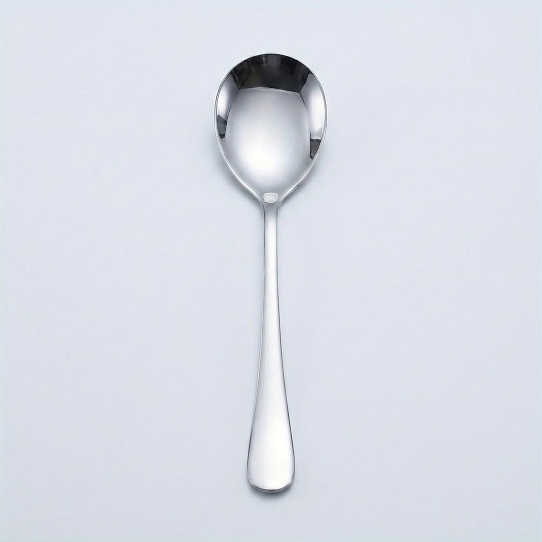 A polished stainless steel teaspoon with a reflective finish, shown vertically against a light gray background.