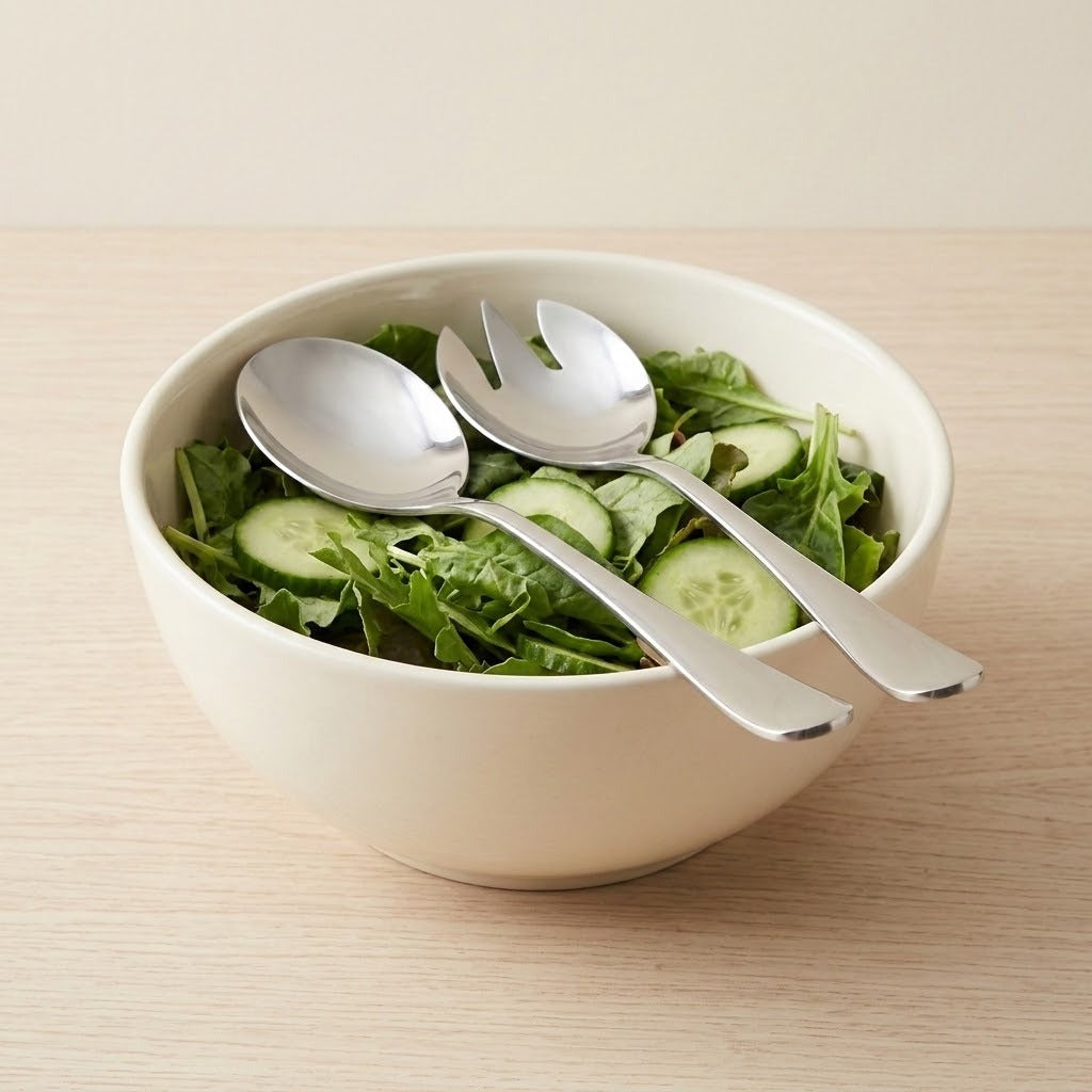 A cream-colored ceramic salad bowl filled with green salad and cucumber slices, with two silver serving utensils resting inside, set on a light wood tabletop.