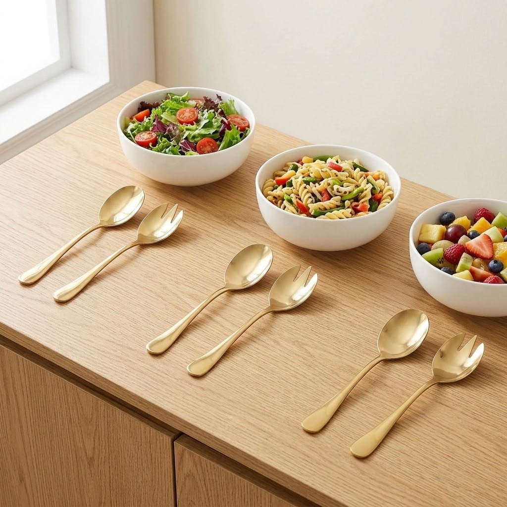 A set of gold-colored metal serving utensils, including spoons and forks, arranged on a light wood countertop next to three white bowls of salad and fruit.